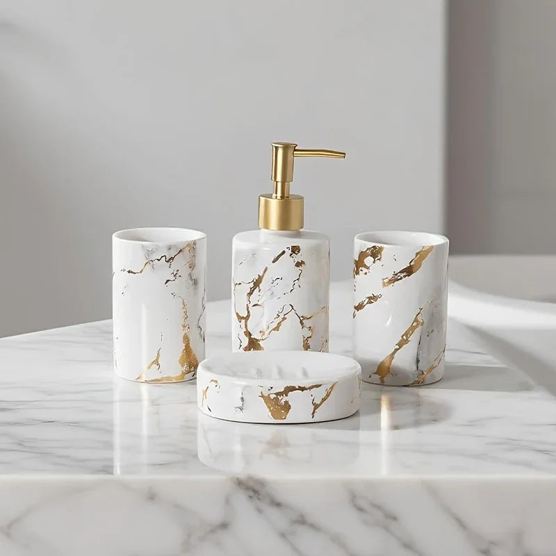 S Set of Marble Pattern, Ceramic Bathroom Toiletry Set, Mouthwash Cup, Toothbrush Cup, Lotion Bottle,... - House Of Avana [[SKU:HOA-TUM-003]]