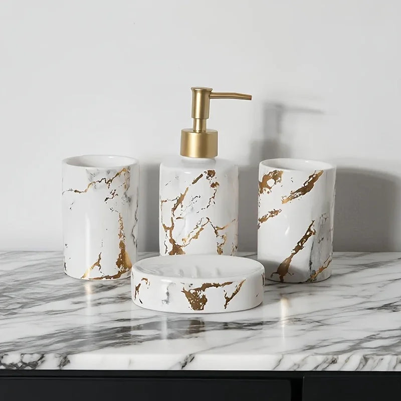 S Set of Marble Pattern, Ceramic Bathroom Toiletry Set, Mouthwash Cup, Toothbrush Cup, Lotion Bottle,... - House Of Avana [[SKU:HOA-TUM-003]]