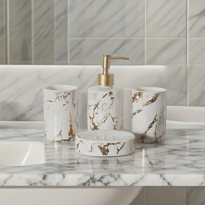 S Set of Marble Pattern, Ceramic Bathroom Toiletry Set, Mouthwash Cup, Toothbrush Cup, Lotion Bottle,... - House Of Avana [[SKU:HOA-TUM-003]]
