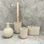 [4pcs Wooden Bathroom Set] Four-piece Wooden Bathroom Set | Wood Grain Water Transfer Print Nozzle Beige Sandstone Lotion Bottle Mouth Cup Toothbrush Holder Toilet Brush with Wooden Handle House Of Avana