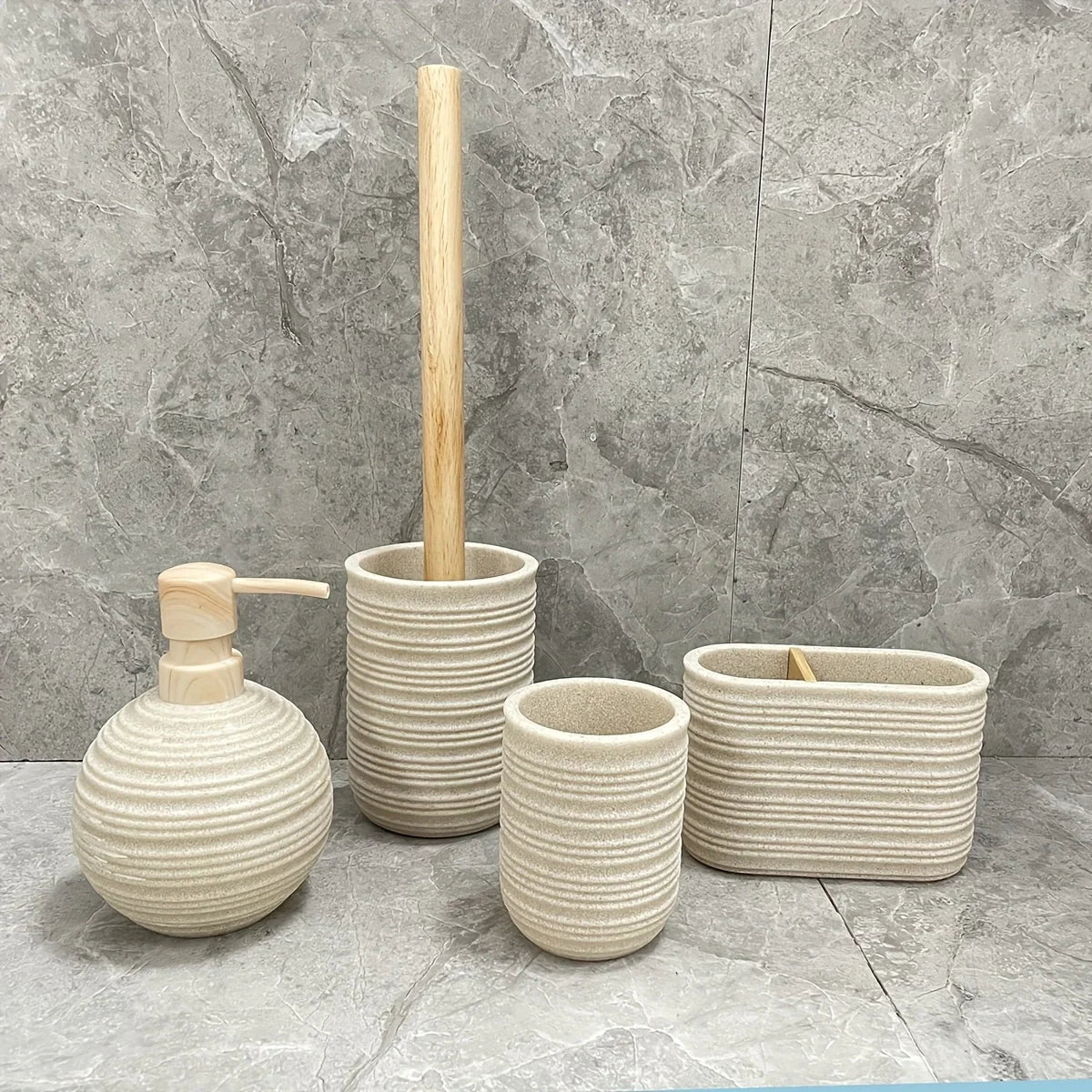 [4pcs Wooden Bathroom Set] Four-piece Wooden Bathroom Set | Wood Grain Water Transfer Print Nozzle Beige Sandstone Lotion Bottle Mouth Cup Toothbrush Holder Toilet Brush with Wooden Handle House Of Avana