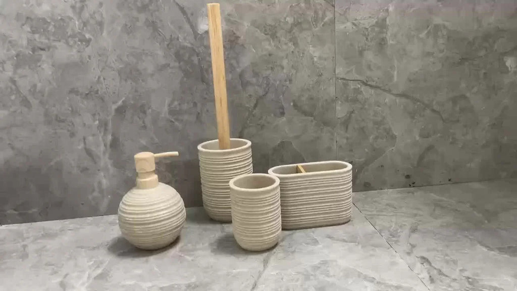 [4pcs Wooden Bathroom Set] Four-piece Wooden Bathroom Set | Wood Grain Water Transfer Print Nozzle Beige Sandstone Lotion Bottle Mouth Cup Toothbrush Holder Toilet Brush with Wooden Handle House Of Avana