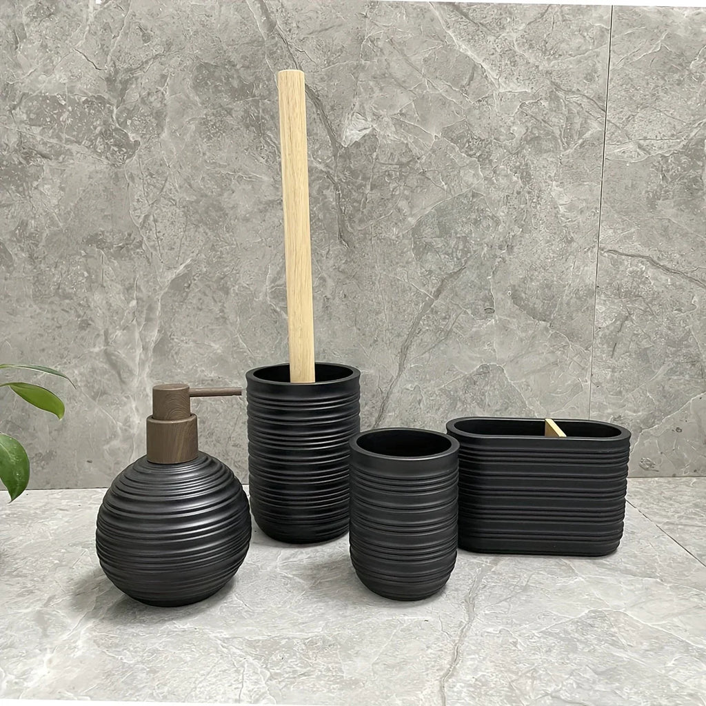 [4pcs Wooden Bathroom Set] Four-piece Wooden Bathroom Set | Wood Grain Water Transfer Print Nozzle Beige Sandstone Lotion Bottle Mouth Cup Toothbrush Holder Toilet Brush with Wooden Handle House Of Avana