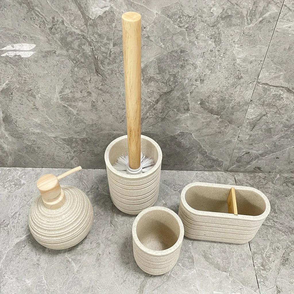 [4pcs Wooden Bathroom Set] Four-piece Wooden Bathroom Set | Wood Grain Water Transfer Print Nozzle Beige Sandstone Lotion Bottle Mouth Cup Toothbrush Holder Toilet Brush with Wooden Handle House Of Avana