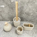 [4pcs Wooden Bathroom Set] Four-piece Wooden Bathroom Set | Wood Grain Water Transfer Print Nozzle Beige Sandstone Lotion Bottle Mouth Cup Toothbrush Holder Toilet Brush with Wooden Handle House Of Avana