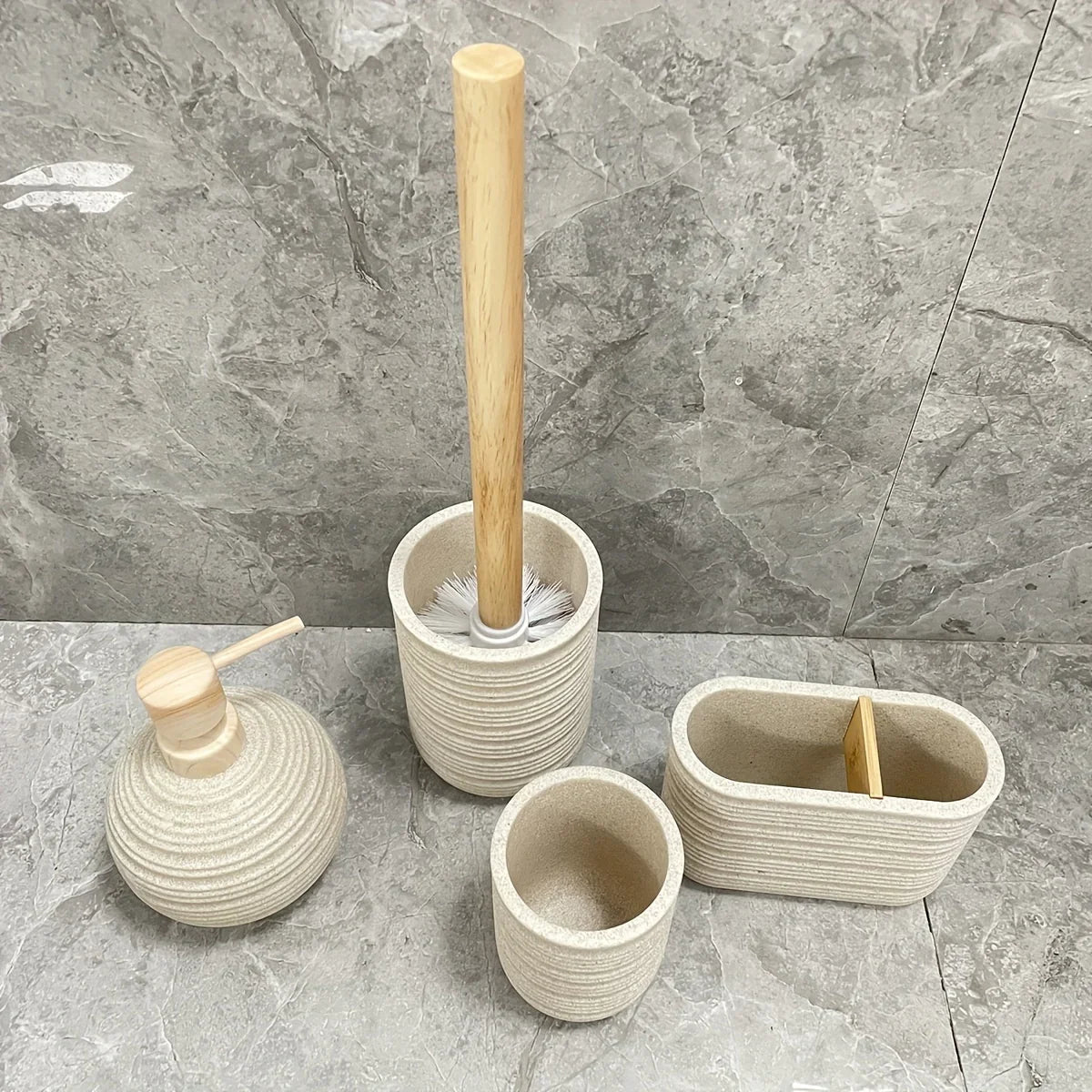 [4pcs Wooden Bathroom Set] Four-piece Wooden Bathroom Set | Wood Grain Water Transfer Print Nozzle Beige Sandstone Lotion Bottle Mouth Cup Toothbrush Holder Toilet Brush with Wooden Handle House Of Avana