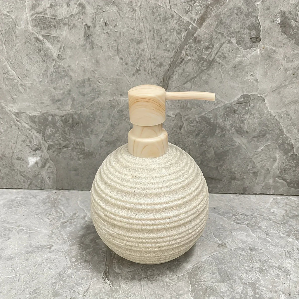 [4pcs Wooden Bathroom Set] Four-piece Wooden Bathroom Set | Wood Grain Water Transfer Print Nozzle Beige Sandstone Lotion Bottle Mouth Cup Toothbrush Holder Toilet Brush with Wooden Handle House Of Avana