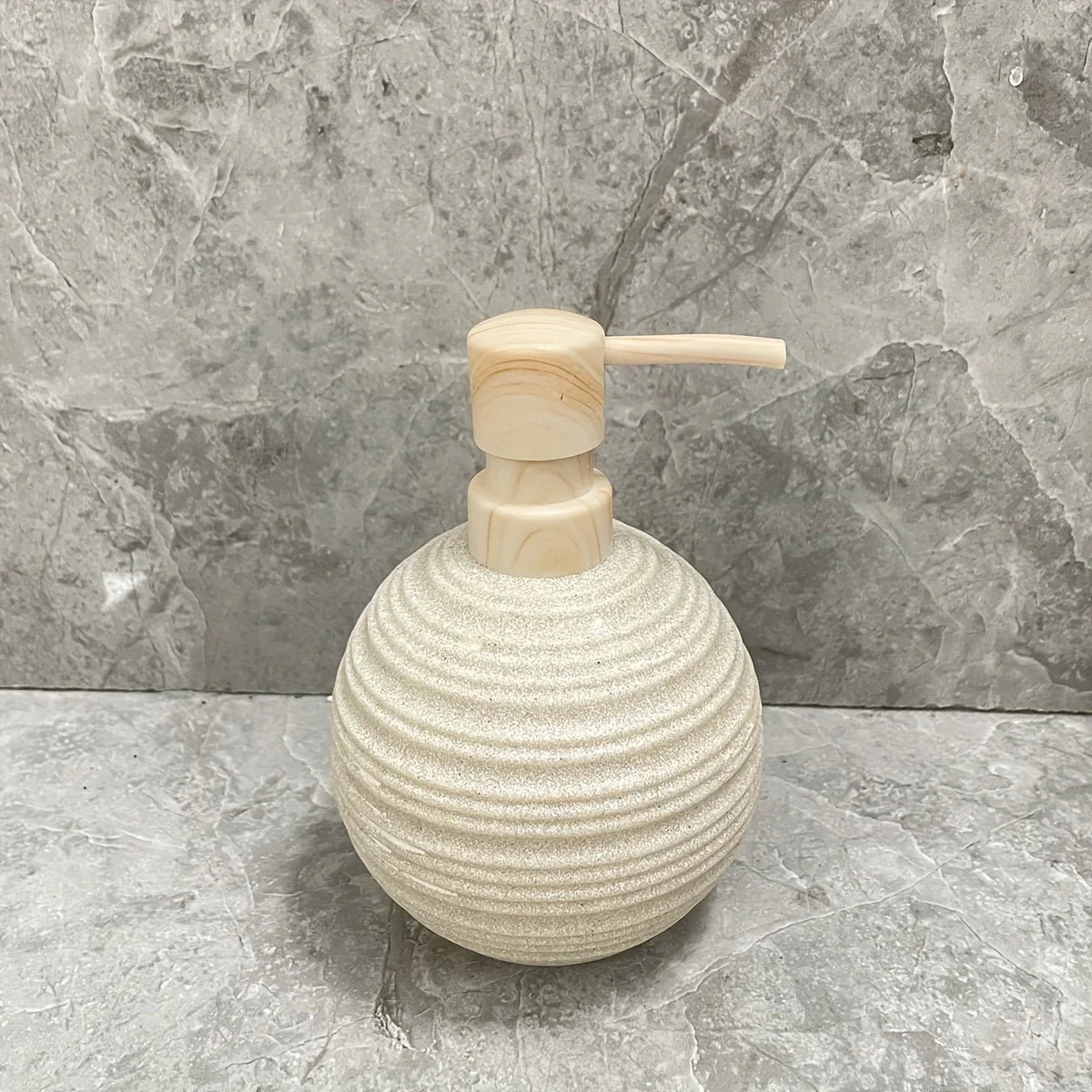 [4pcs Wooden Bathroom Set] Four-piece Wooden Bathroom Set | Wood Grain Water Transfer Print Nozzle Beige Sandstone Lotion Bottle Mouth Cup Toothbrush Holder Toilet Brush with Wooden Handle House Of Avana