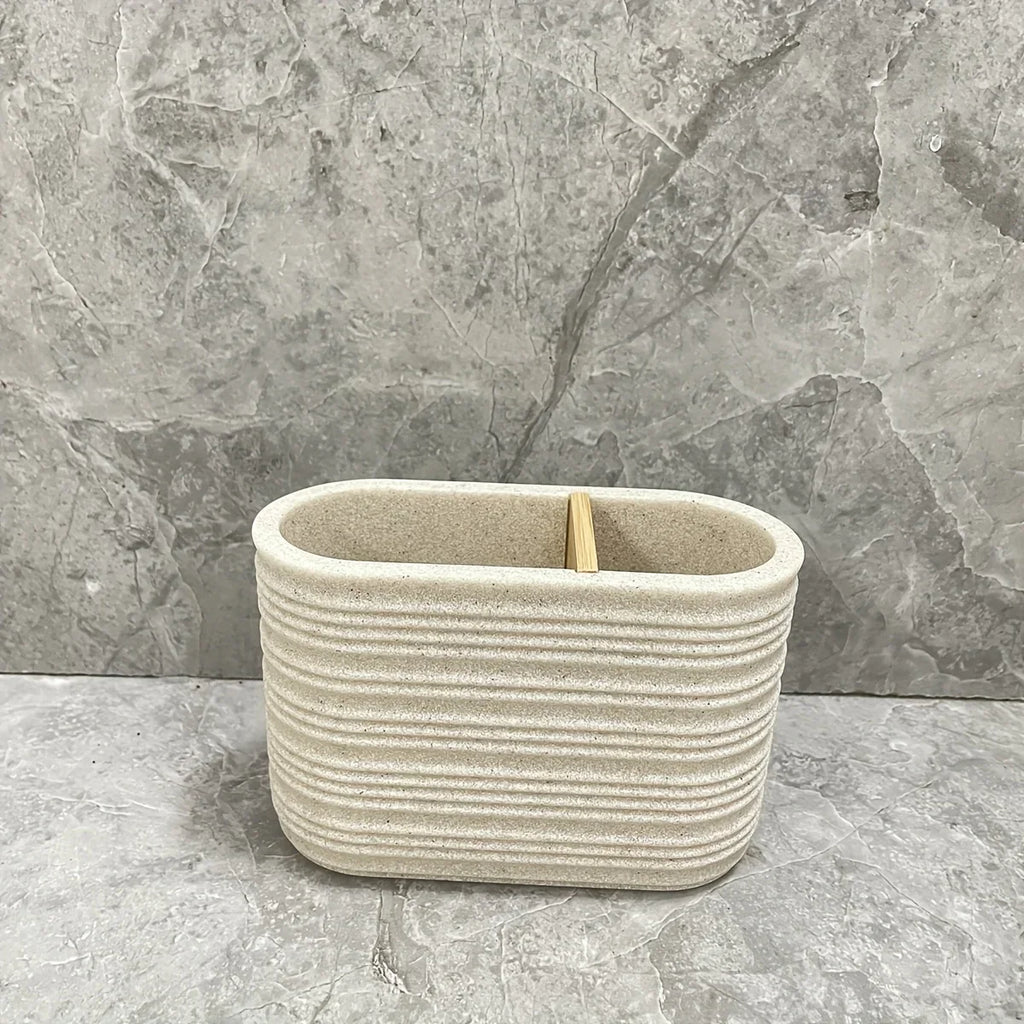 [4pcs Wooden Bathroom Set] Four-piece Wooden Bathroom Set | Wood Grain Water Transfer Print Nozzle Beige Sandstone Lotion Bottle Mouth Cup Toothbrush Holder Toilet Brush with Wooden Handle House Of Avana