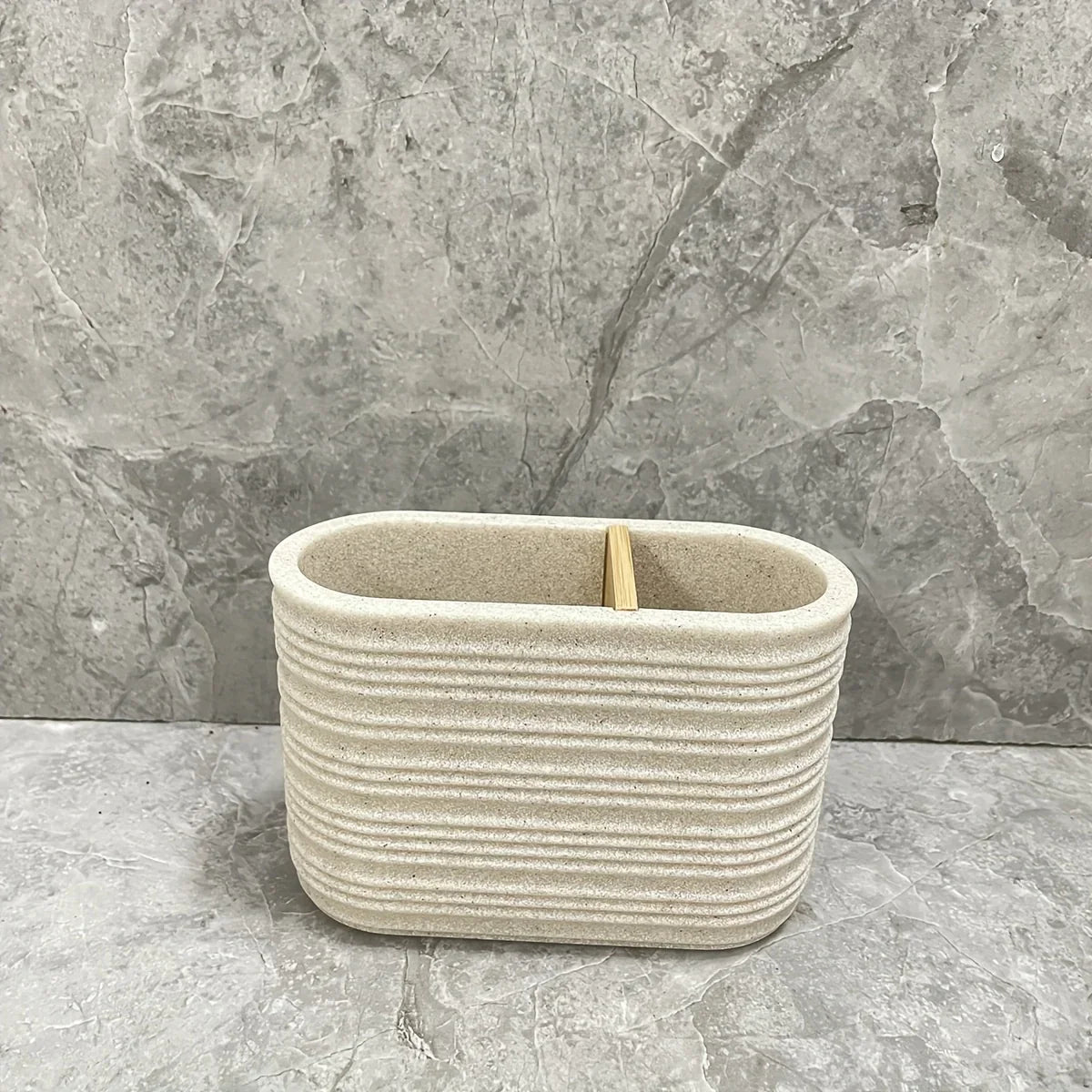 [4pcs Wooden Bathroom Set] Four-piece Wooden Bathroom Set | Wood Grain Water Transfer Print Nozzle Beige Sandstone Lotion Bottle Mouth Cup Toothbrush Holder Toilet Brush with Wooden Handle House Of Avana