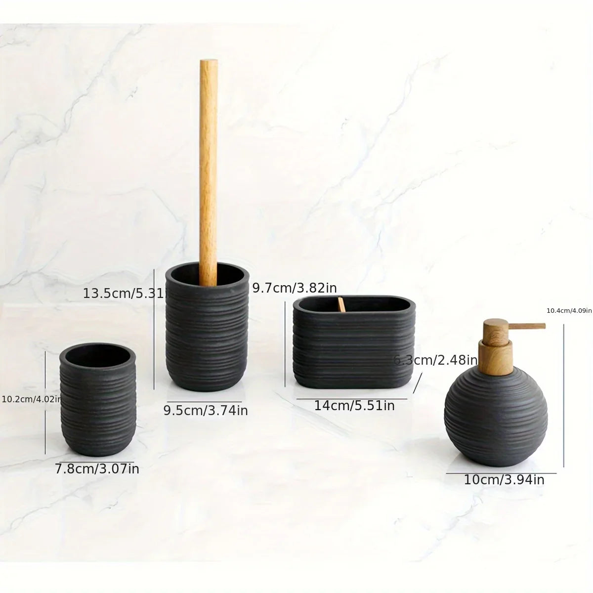[4pcs Wooden Bathroom Set] Four-piece Wooden Bathroom Set | Wood Grain Water Transfer Print Nozzle Beige Sandstone Lotion Bottle Mouth Cup Toothbrush Holder Toilet Brush with Wooden Handle House Of Avana