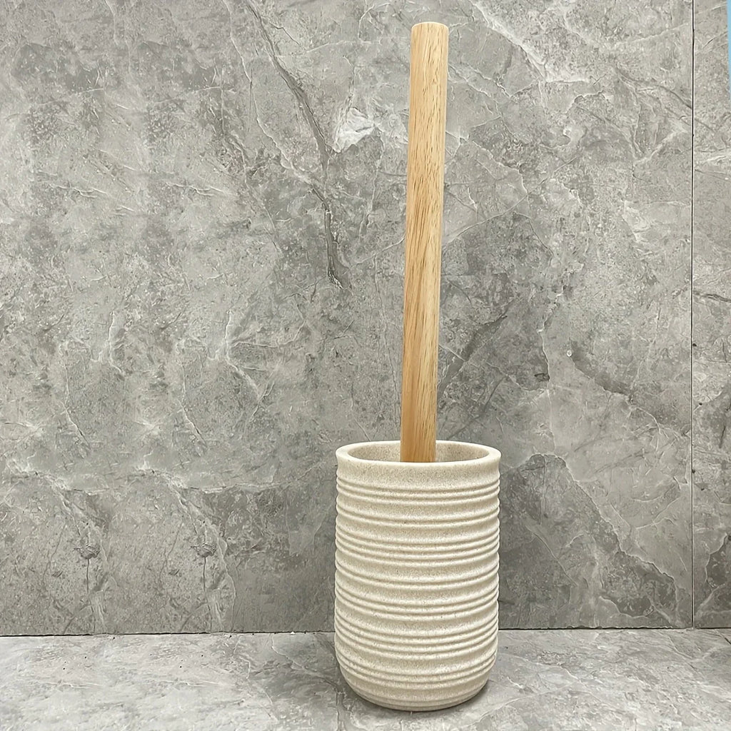 [4pcs Wooden Bathroom Set] Four-piece Wooden Bathroom Set | Wood Grain Water Transfer Print Nozzle Beige Sandstone Lotion Bottle Mouth Cup Toothbrush Holder Toilet Brush with Wooden Handle House Of Avana