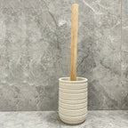 [4pcs Wooden Bathroom Set] Four-piece Wooden Bathroom Set | Wood Grain Water Transfer Print Nozzle Beige Sandstone Lotion Bottle Mouth Cup Toothbrush Holder Toilet Brush with Wooden Handle House Of Avana