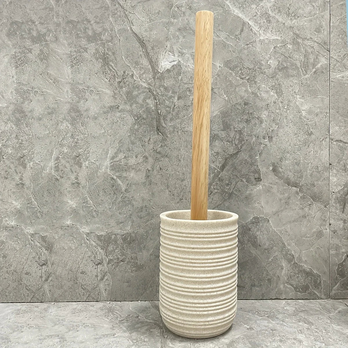 [4pcs Wooden Bathroom Set] Four-piece Wooden Bathroom Set | Wood Grain Water Transfer Print Nozzle Beige Sandstone Lotion Bottle Mouth Cup Toothbrush Holder Toilet Brush with Wooden Handle House Of Avana