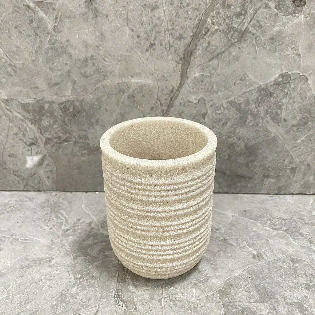 [4pcs Wooden Bathroom Set] Four-piece Wooden Bathroom Set | Wood Grain Water Transfer Print Nozzle Beige Sandstone Lotion Bottle Mouth Cup Toothbrush Holder Toilet Brush with Wooden Handle House Of Avana