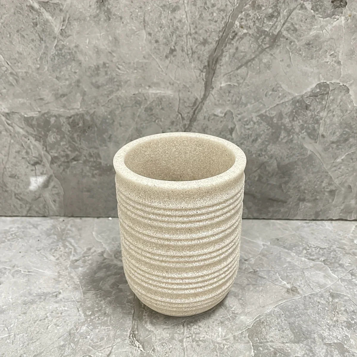[4pcs Wooden Bathroom Set] Four-piece Wooden Bathroom Set | Wood Grain Water Transfer Print Nozzle Beige Sandstone Lotion Bottle Mouth Cup Toothbrush Holder Toilet Brush with Wooden Handle House Of Avana