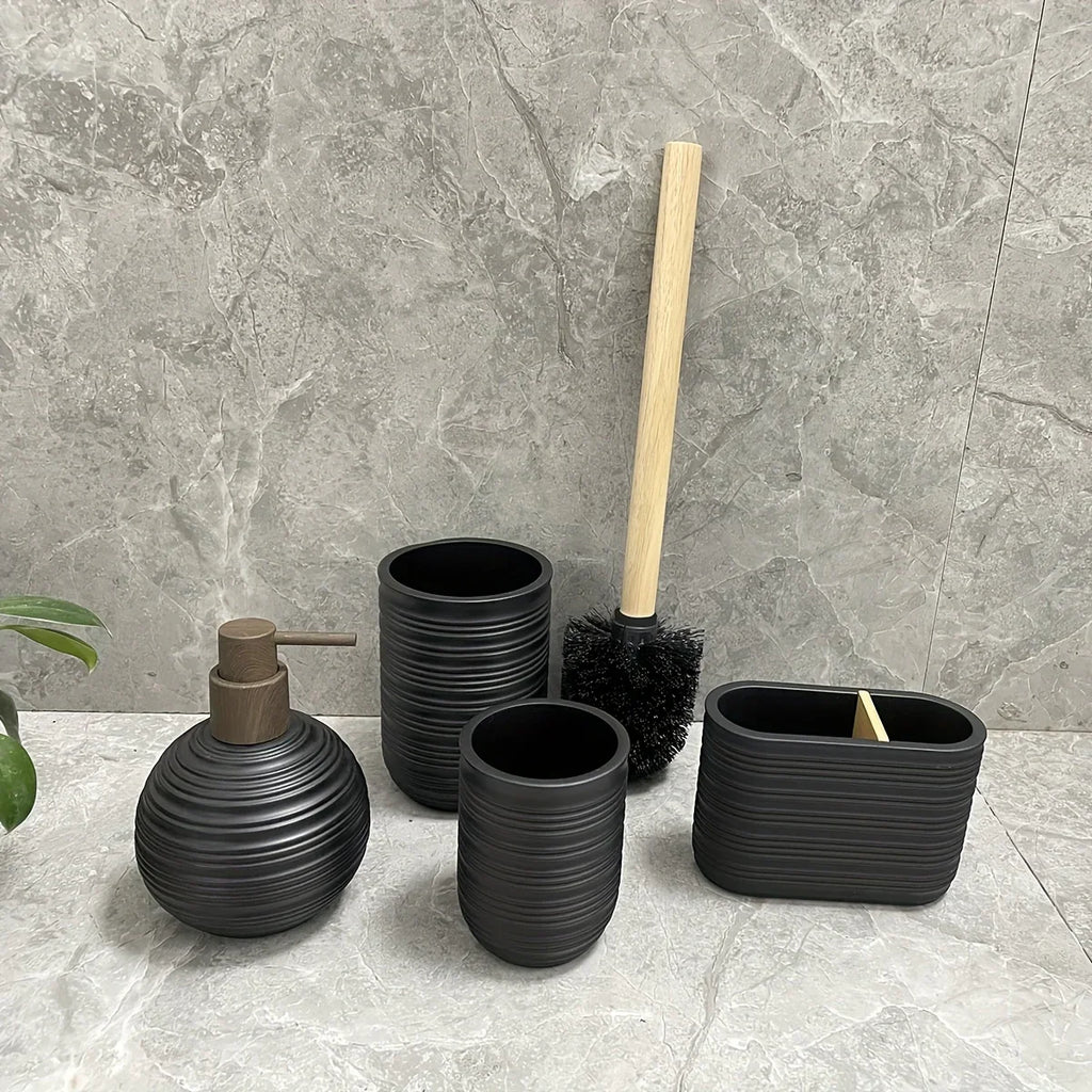 [4pcs Wooden Bathroom Set] Four-piece Wooden Bathroom Set | Wood Grain Water Transfer Print Nozzle Beige Sandstone Lotion Bottle Mouth Cup Toothbrush Holder Toilet Brush with Wooden Handle House Of Avana