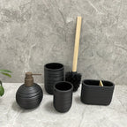[4pcs Wooden Bathroom Set] Four-piece Wooden Bathroom Set | Wood Grain Water Transfer Print Nozzle Beige Sandstone Lotion Bottle Mouth Cup Toothbrush Holder Toilet Brush with Wooden Handle House Of Avana