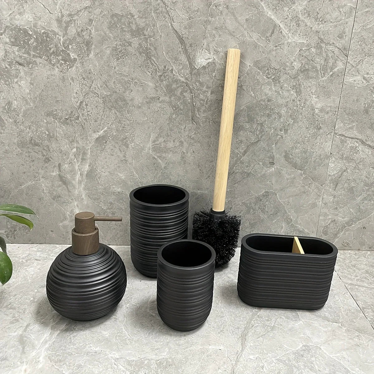 [4pcs Wooden Bathroom Set] Four-piece Wooden Bathroom Set | Wood Grain Water Transfer Print Nozzle Beige Sandstone Lotion Bottle Mouth Cup Toothbrush Holder Toilet Brush with Wooden Handle House Of Avana