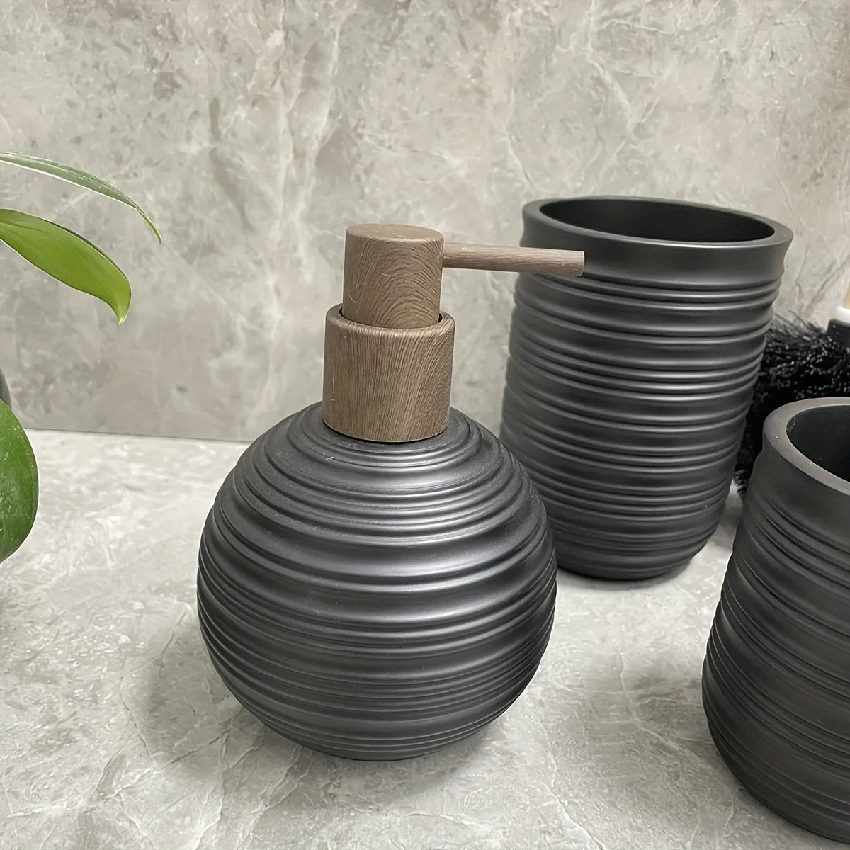 [4pcs Wooden Bathroom Set] Four-piece Wooden Bathroom Set | Wood Grain Water Transfer Print Nozzle Beige Sandstone Lotion Bottle Mouth Cup Toothbrush Holder Toilet Brush with Wooden Handle House Of Avana
