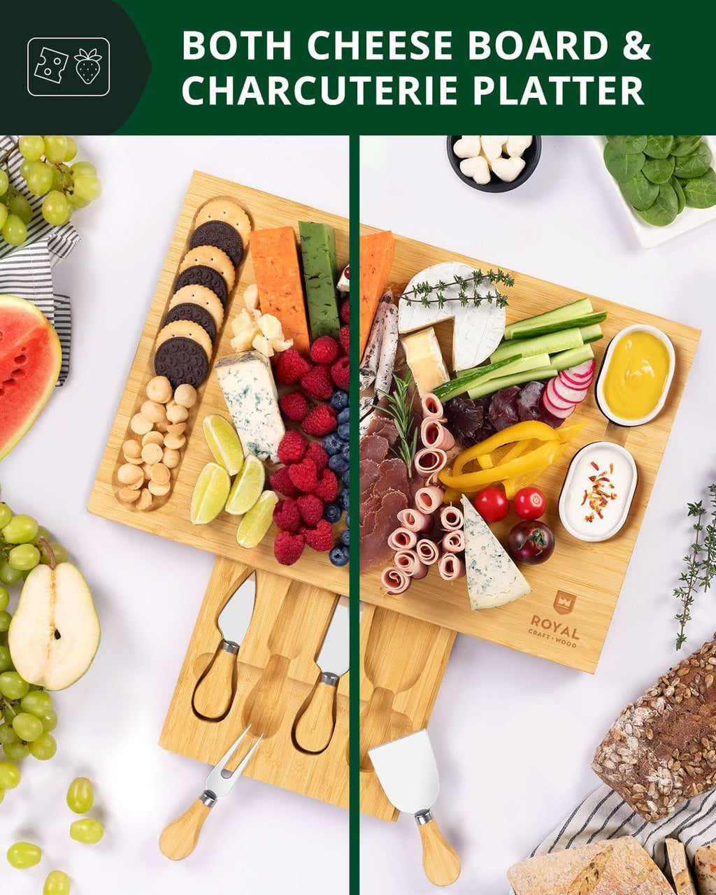 Cheese Board Set w/knives, 16.5“x11” Royal Craft Wood