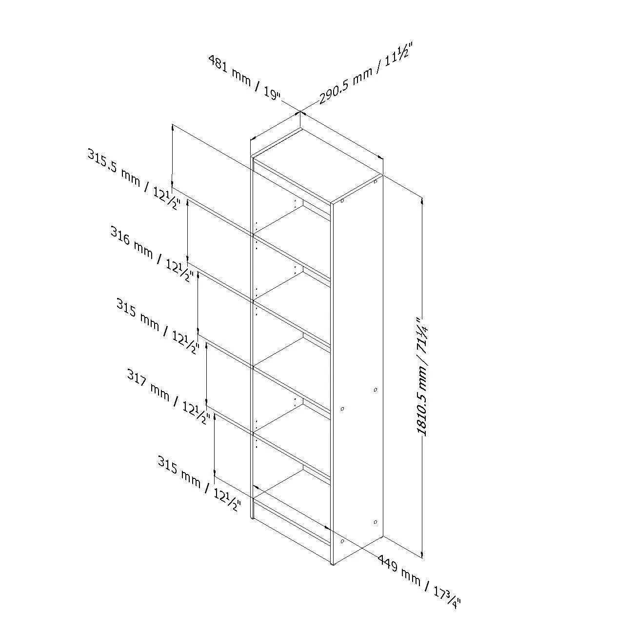 5-Shelf Narrow Bookcase Black Finish