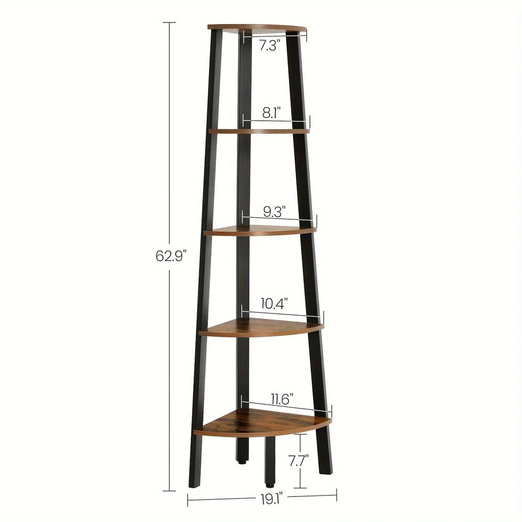 5-Tier Corner Shelf Stand - Rustic Wood & Black Metal Frame, Narrow Freestanding Design for Living Room, Bedroom, or Study - Maximize Space with Stylish Display Shelves, Preppy Room Decor House Of Avana