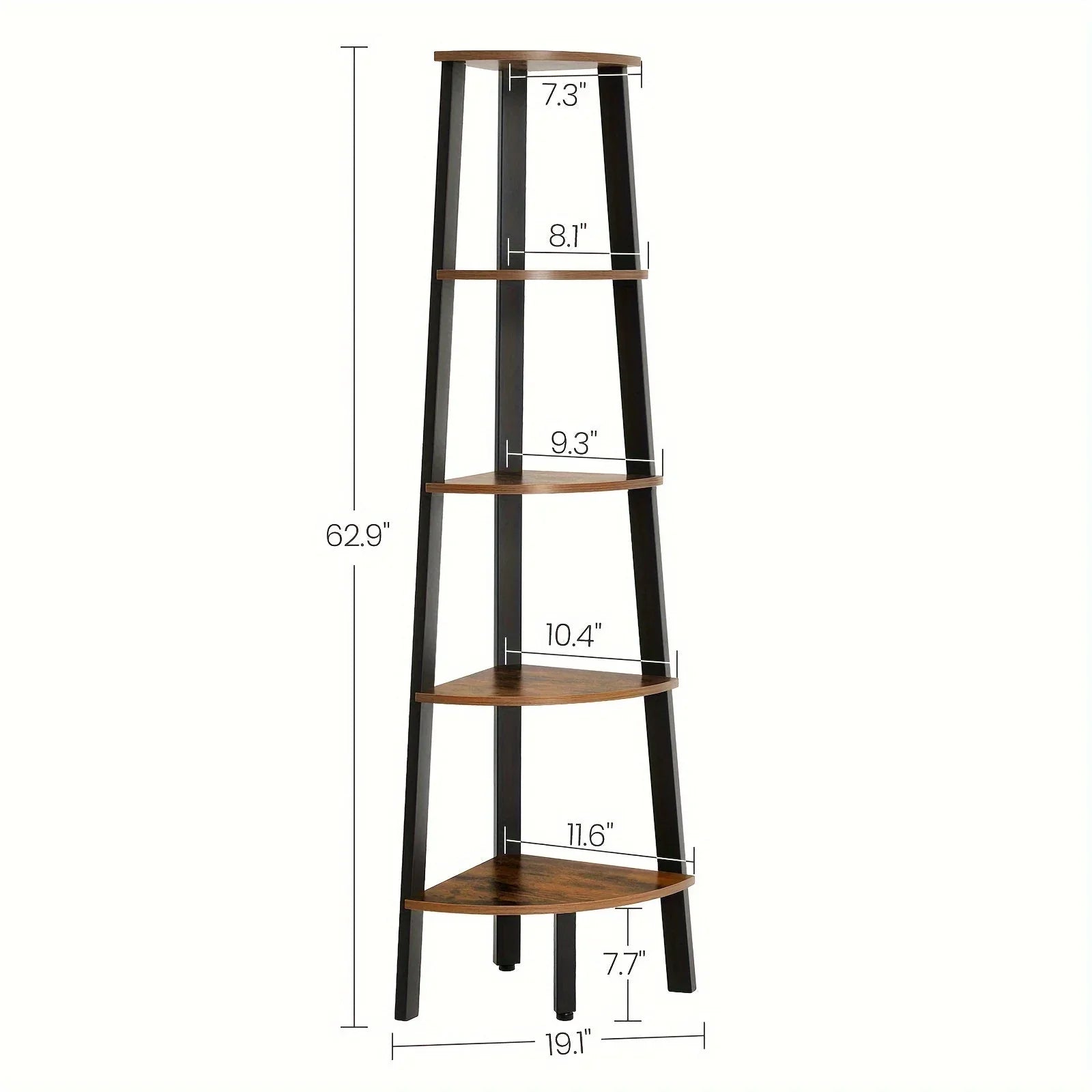 5-Tier Corner Shelf Stand - Rustic Wood & Black Metal Frame, Narrow Freestanding Design for Living Room, Bedroom, or Study - Maximize Space with Stylish Display Shelves, Preppy Room Decor House Of Avana