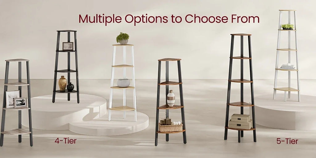 5-Tier Corner Shelf Stand - Rustic Wood & Black Metal Frame, Narrow Freestanding Design for Living Room, Bedroom, or Study - Maximize Space with Stylish Display Shelves, Preppy Room Decor House Of Avana