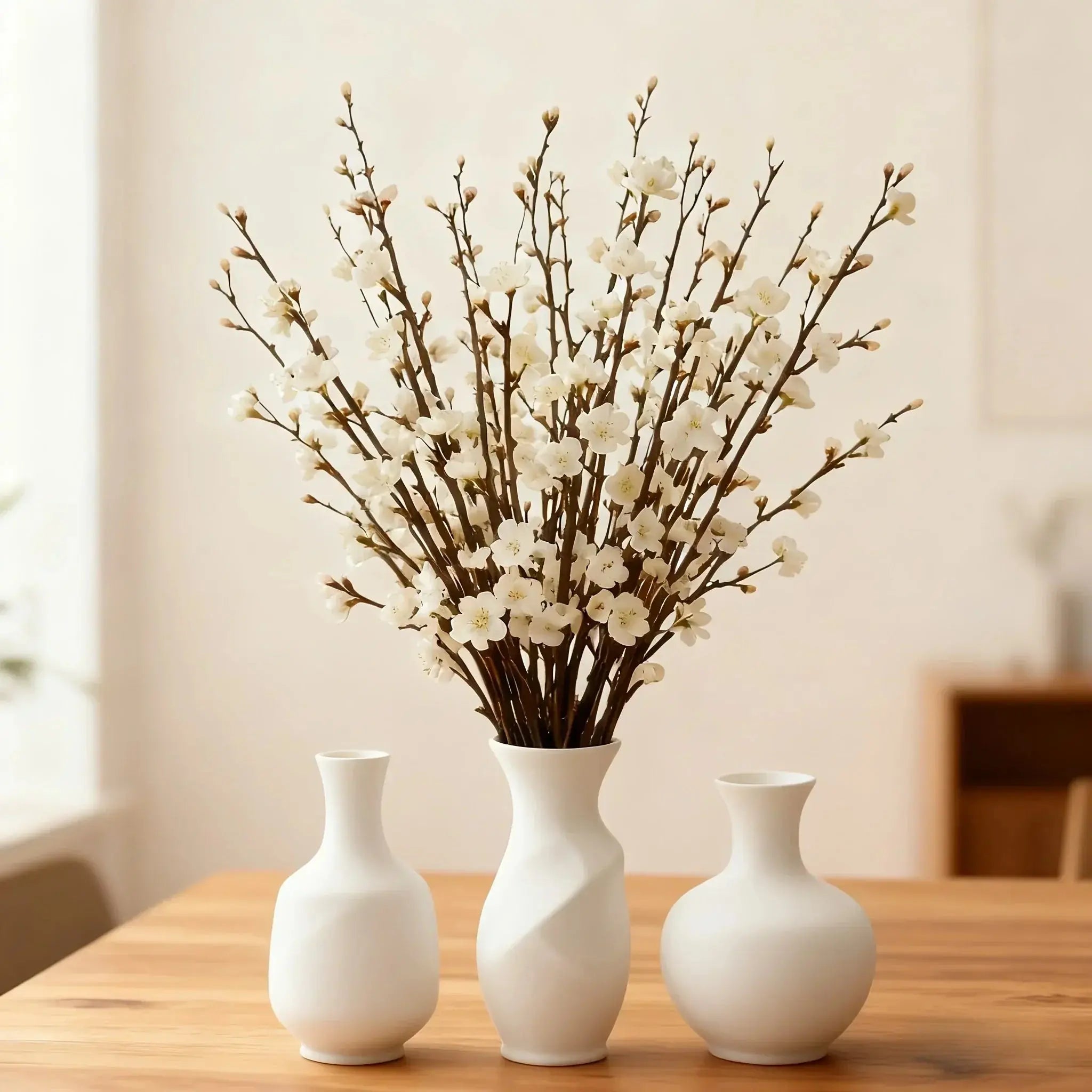 50 Stems = Bundles of Artificial White Long-stemmed Plum Blossoms - Realistic Plastic White Jade... - House Of Avana