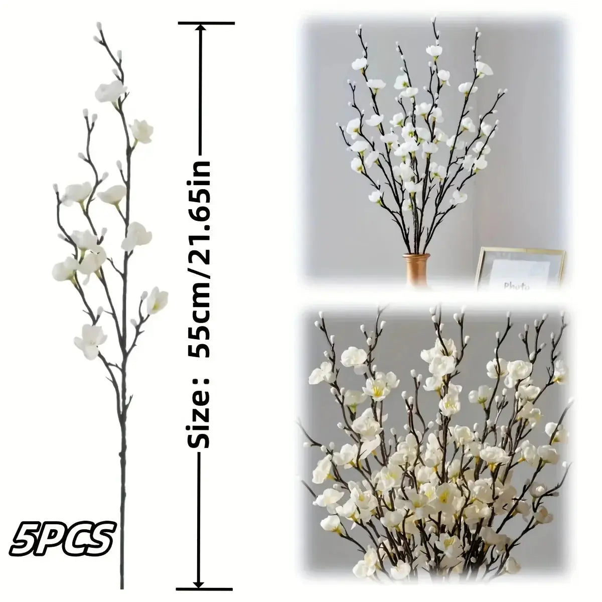 50 Stems = Bundles of Artificial White Long-stemmed Plum Blossoms - Realistic Plastic White Jade... - House Of Avana