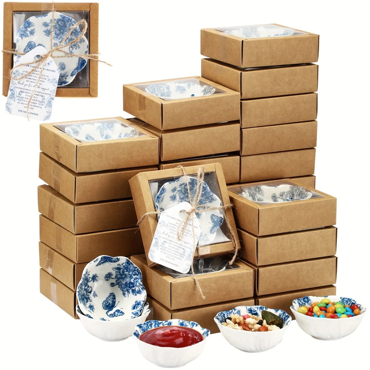 Blue 50 Pack Wedding Favors for Guests Small Ceramic Bowls Bulk Gifts Set 3.3 Inch Floral Design Mini Dipping Bowl Sauce Dish with Cards Box for Party Shower Favor Souvenir Halloween Christmas House Of Avana