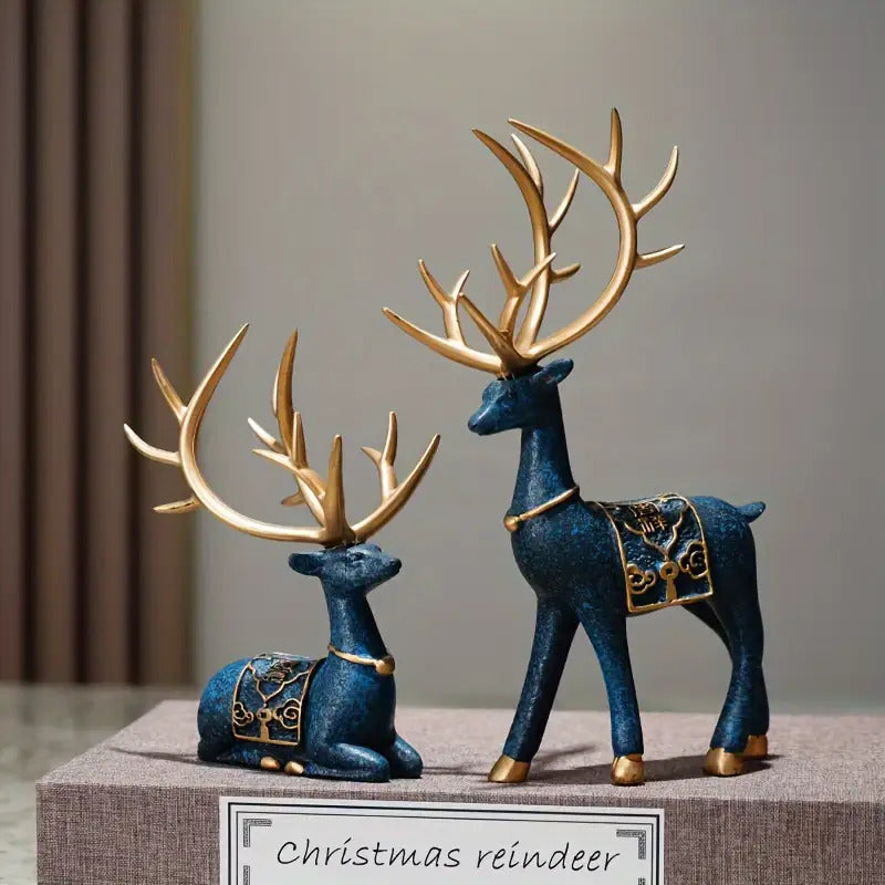 Resin Reindeer Statue Set - Elegant Antler Design with Golden-Tipped Tines & Dark Blue/Golden Collectible Holiday Decor for Christmas, Halloween, Easter, Thanksgiving - Indoor/Outdoor Durable Sculpture, No Electricity Needed, House Of Avana