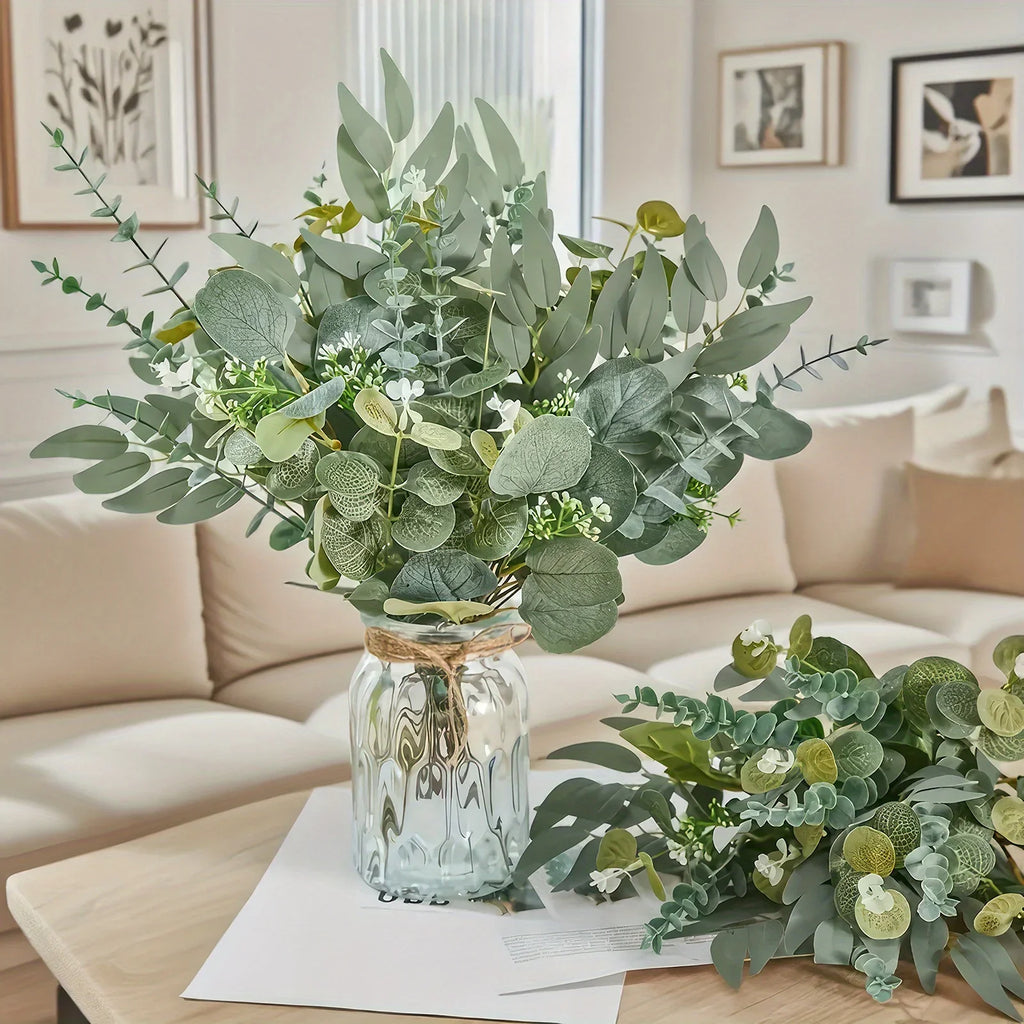 50pcs Realistic Artificial Eucalyptus & Flowers Set – 4 Leaf Types, Assorted Faux Greenery for Rustic DIY Floral Decor, Perfect for Weddings, Engagements, and Home Decor, Artificial Outdoor Flowers House Of Avana