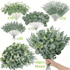 50pcs Realistic Artificial Eucalyptus & Flowers Set – 4 Leaf Types, Assorted Faux Greenery for Rustic DIY Floral Decor, Perfect for Weddings, Engagements, and Home Decor, Artificial Outdoor Flowers House Of Avana