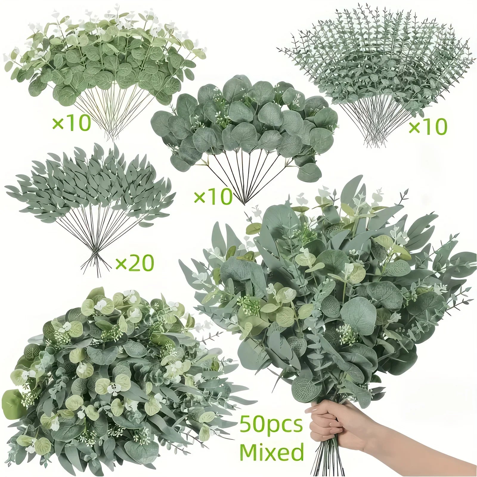 50pcs Realistic Artificial Eucalyptus & Flowers Set – 4 Leaf Types, Assorted Faux Greenery for Rustic DIY Floral Decor, Perfect for Weddings, Engagements, and Home Decor, Artificial Outdoor Flowers House Of Avana