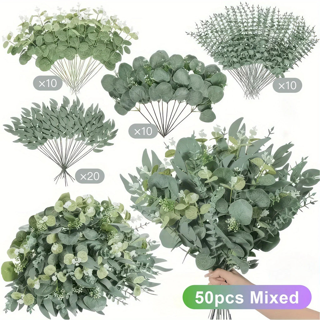 50pcs Realistic Artificial Eucalyptus & Flowers Set – 4 Leaf Types, Assorted Faux Greenery for Rustic DIY Floral Decor, Perfect for Weddings, Engagements, and Home Decor, Artificial Outdoor Flowers House Of Avana
