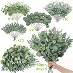 50pcs Realistic Artificial Eucalyptus & Flowers Set – 4 Leaf Types, Assorted Faux Greenery for Rustic DIY Floral Decor, Perfect for Weddings, Engagements, and Home Decor, Artificial Outdoor Flowers House Of Avana