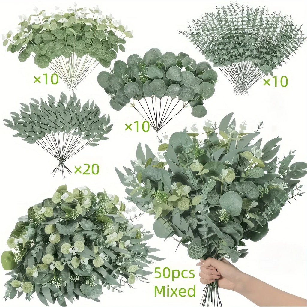 50pcs Realistic Artificial Eucalyptus & Flowers Set – 4 Leaf Types, Assorted Faux Greenery for Rustic DIY Floral Decor, Perfect for Weddings, Engagements, and Home Decor, Artificial Outdoor Flowers House Of Avana