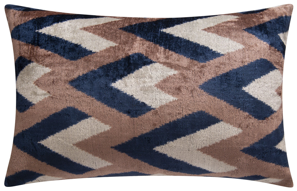 Handmade Geometric Silk Velvet Throw Pillow - 16x24, Navy and Taupe Chevron Pattern with Down Feather Insert Canvello