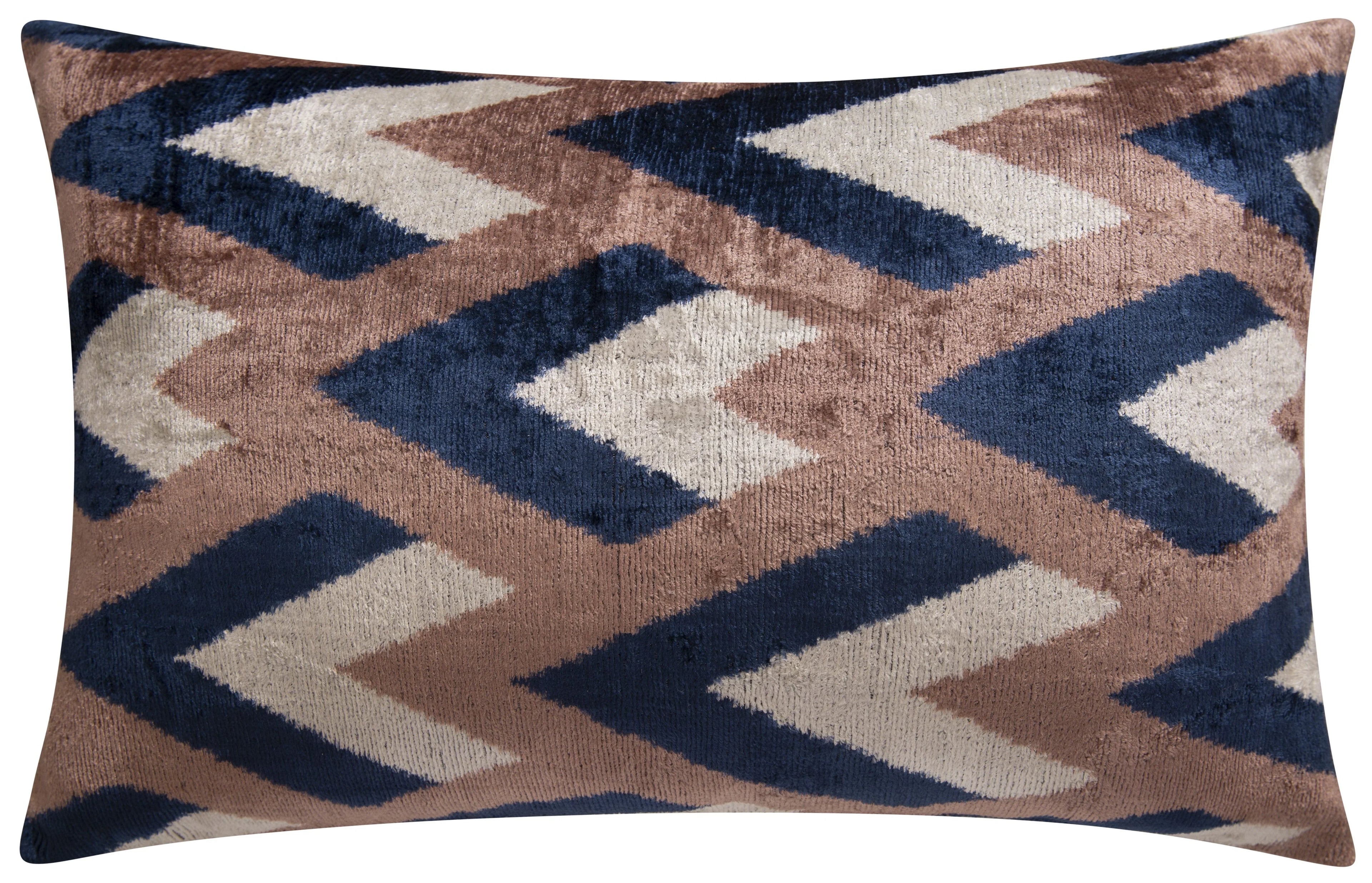 Handmade Geometric Silk Velvet Throw Pillow - 16x24, Navy and Taupe Chevron Pattern with Down Feather Insert Canvello