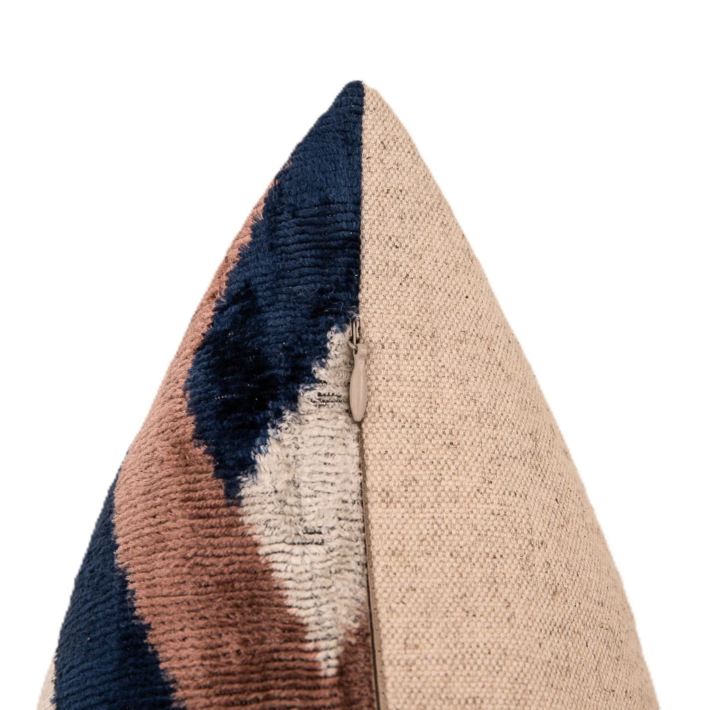 Handmade Geometric Silk Velvet Throw Pillow - 16x24, Navy and Taupe Chevron Pattern with Down Feather Insert Canvello