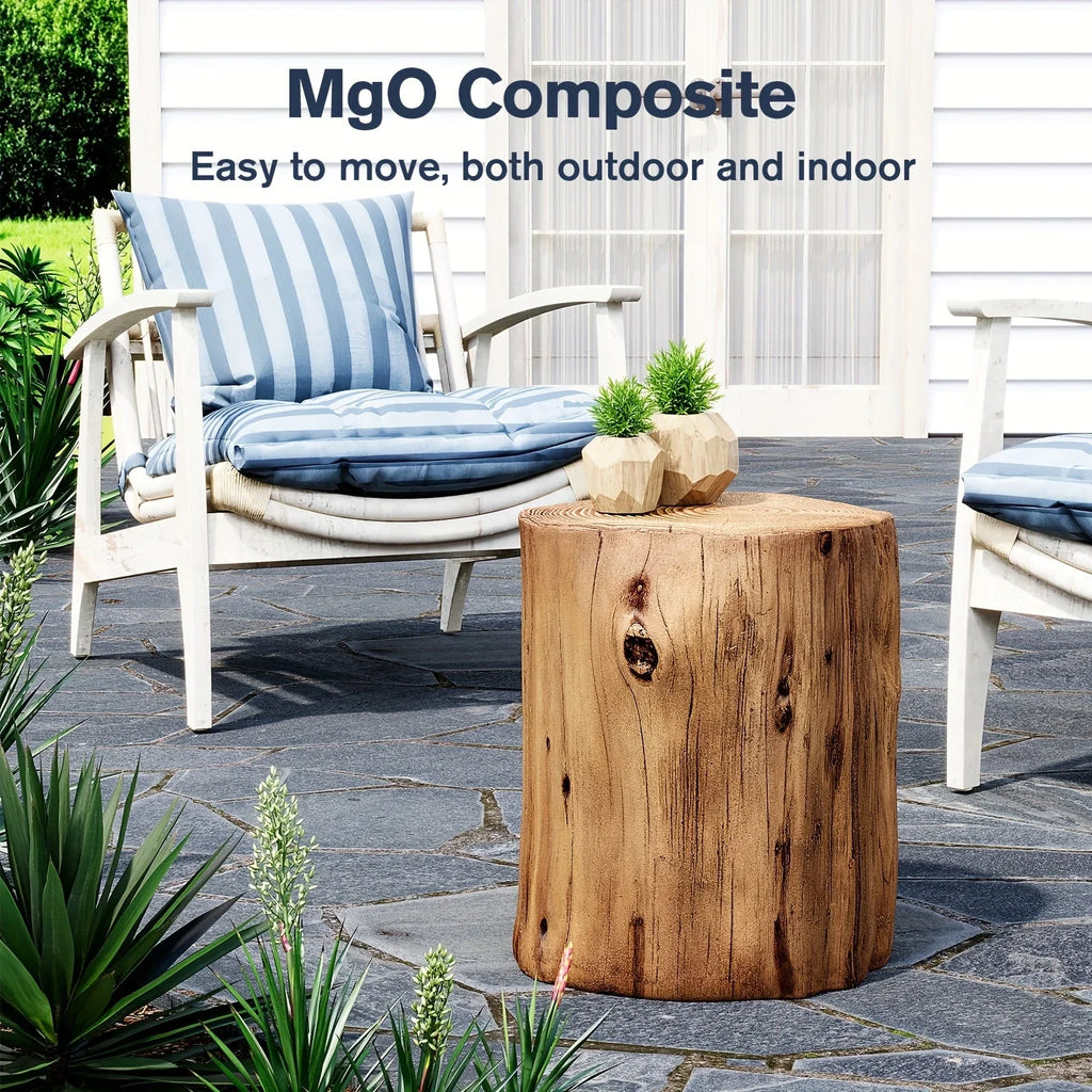 All-Weather Outdoor Stump Side Table - Multi-Functional Brown Faux Wood Accent Table with Concrete Top & Artificial Wood Base, 220lb Weight Capacity, Lightweight & Sturdy Modern Farmhouse Design for Patio, Porch, Balcony, Liv House Of Avana