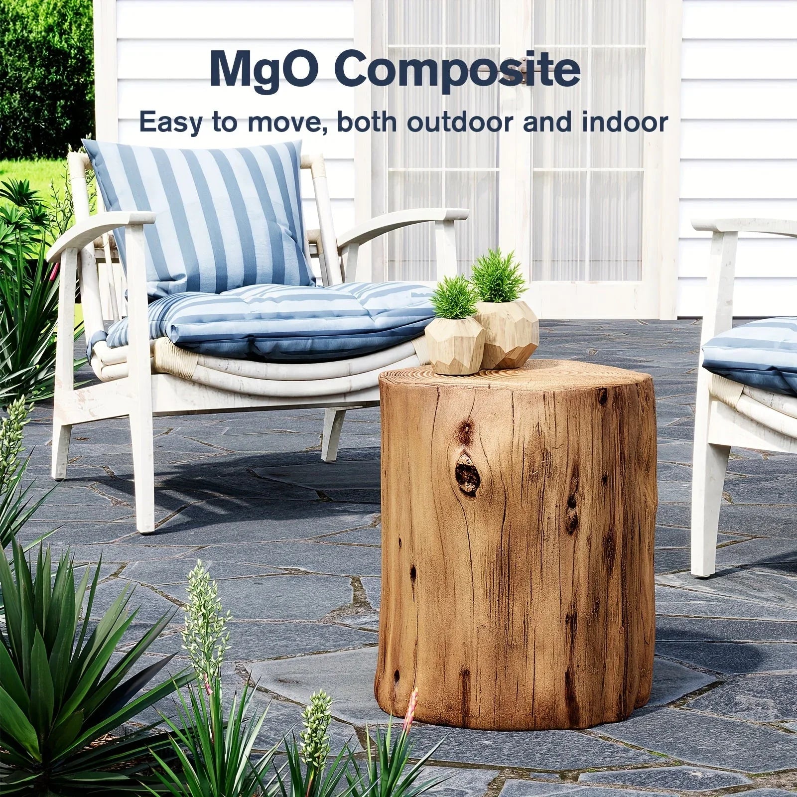 All-Weather Outdoor Stump Side Table - Multi-Functional Brown Faux Wood Accent Table with Concrete Top & Artificial Wood Base, 220lb Weight Capacity, Lightweight & Sturdy Modern Farmhouse Design for Patio, Porch, Balcony, Liv House Of Avana