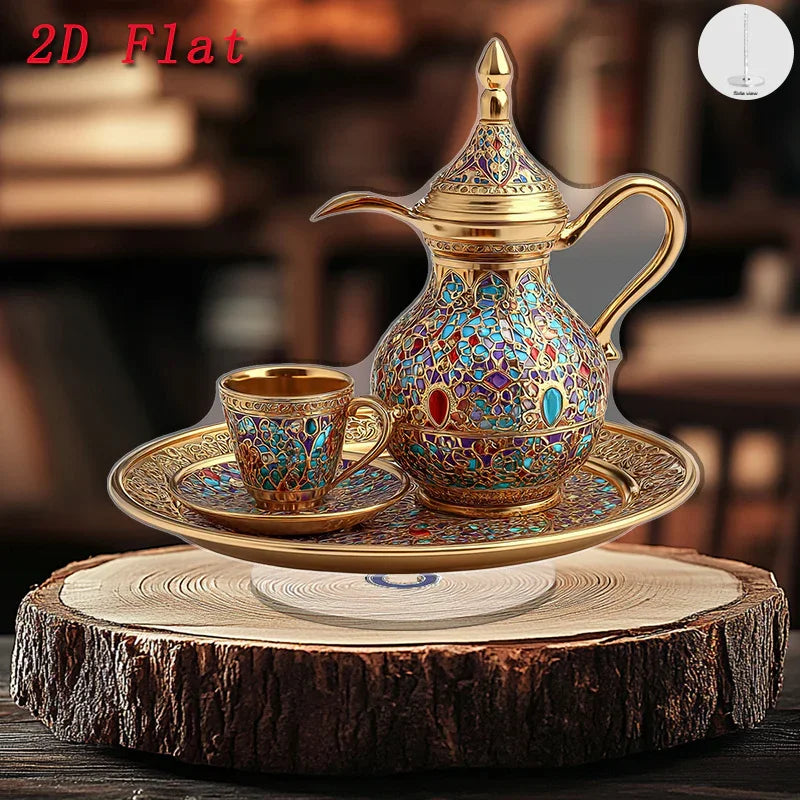 2D Flat Rotating Arabic Pot and Cup Set | Elegant Turkish/Moroccan Style Mosaic Design in Golden and Blue, Includes Tray, Suitable for Home/Office/Cafe, Durable Acrylic for Indoor Use, Ideal for Festive and Daily Decor