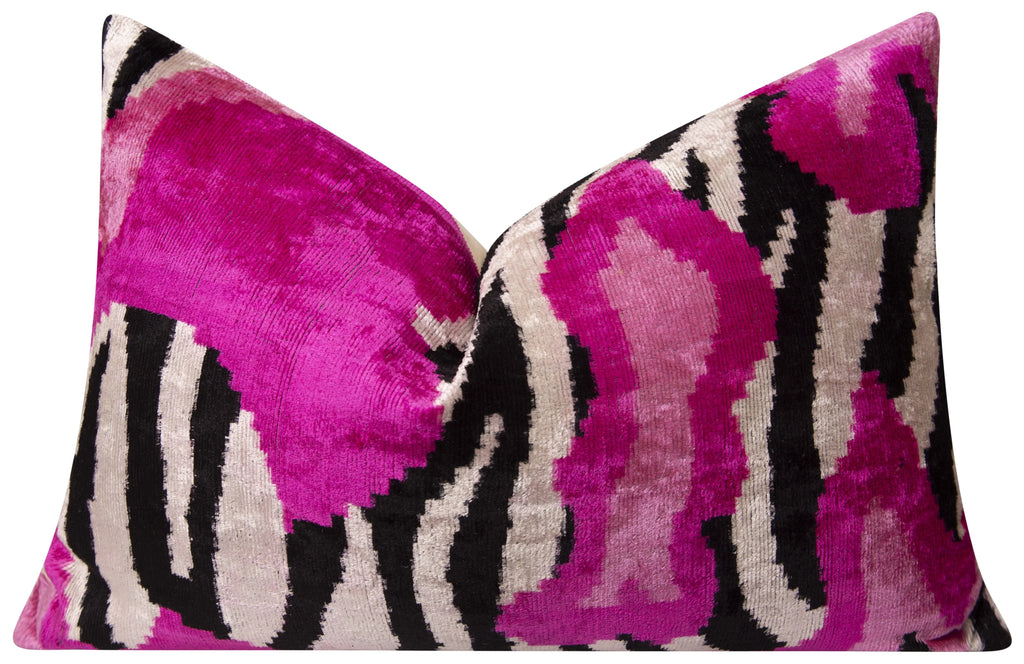 Bold Handmade Silk Velvet Throw Pillow - 16x24, Fuchsia and Black Abstract Animal Print with Down Feather Insert Canvello