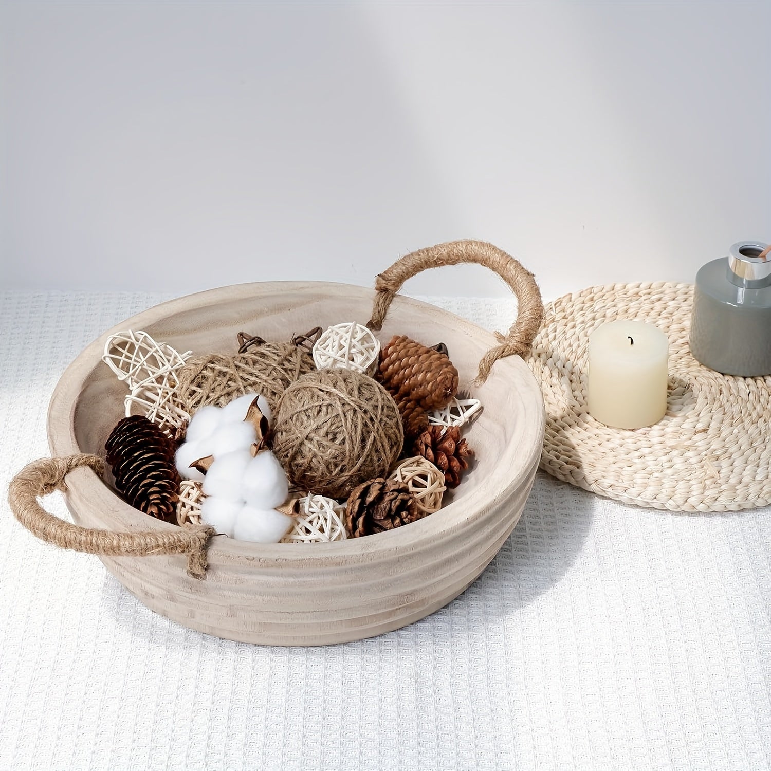 [Rustic Wooden Decorative Bowl] Rustic 11.2 Inch Paulownia Wood Decorative Bowl - Dough Bowl with Rope Handle - Natural Table Centerpieces Bowl for Home Boho Decor House Of Avana