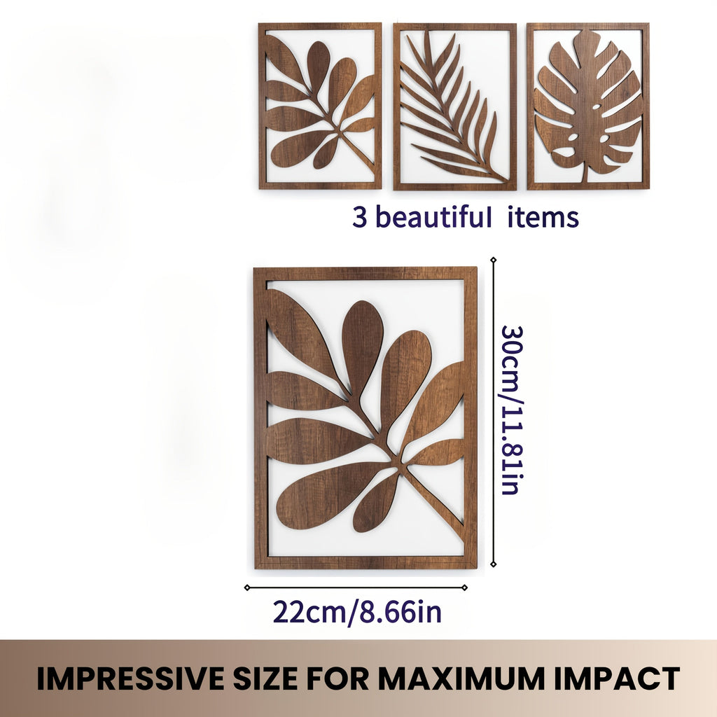 2D Flat, Set of 3 Rustic Flat Wall Sculptures - Wooden Turtleback Bamboo Palm Leaves Wall Hanging Decoration, Rectangular Wall Decor Wooden Crafts - Vintage Home Decor Large Leaf Wall Arts for Living Room, Bedroom, and Office House Of Avana