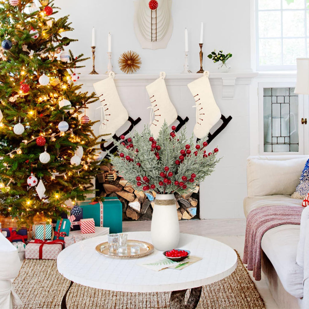 SHARKBEE 18pcs Artificial Pine Branches with Red Berry Picks 27.94cm Winter Christmas Greenery Fake Juniper Leaves Norfolk Pine Stems Needles for Craft Wreath Garland Vase House Of Avana