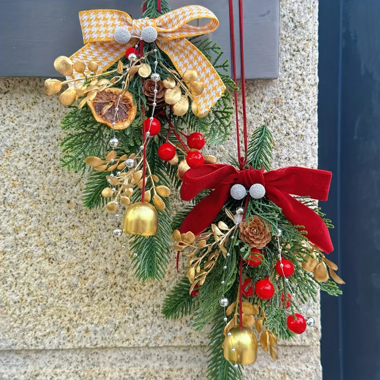 Christmas Bell Ornament, Velvet Bow with Pinecone Accent, Hanging Decoration for Trees and Scenes, Three Colors House Of Avana